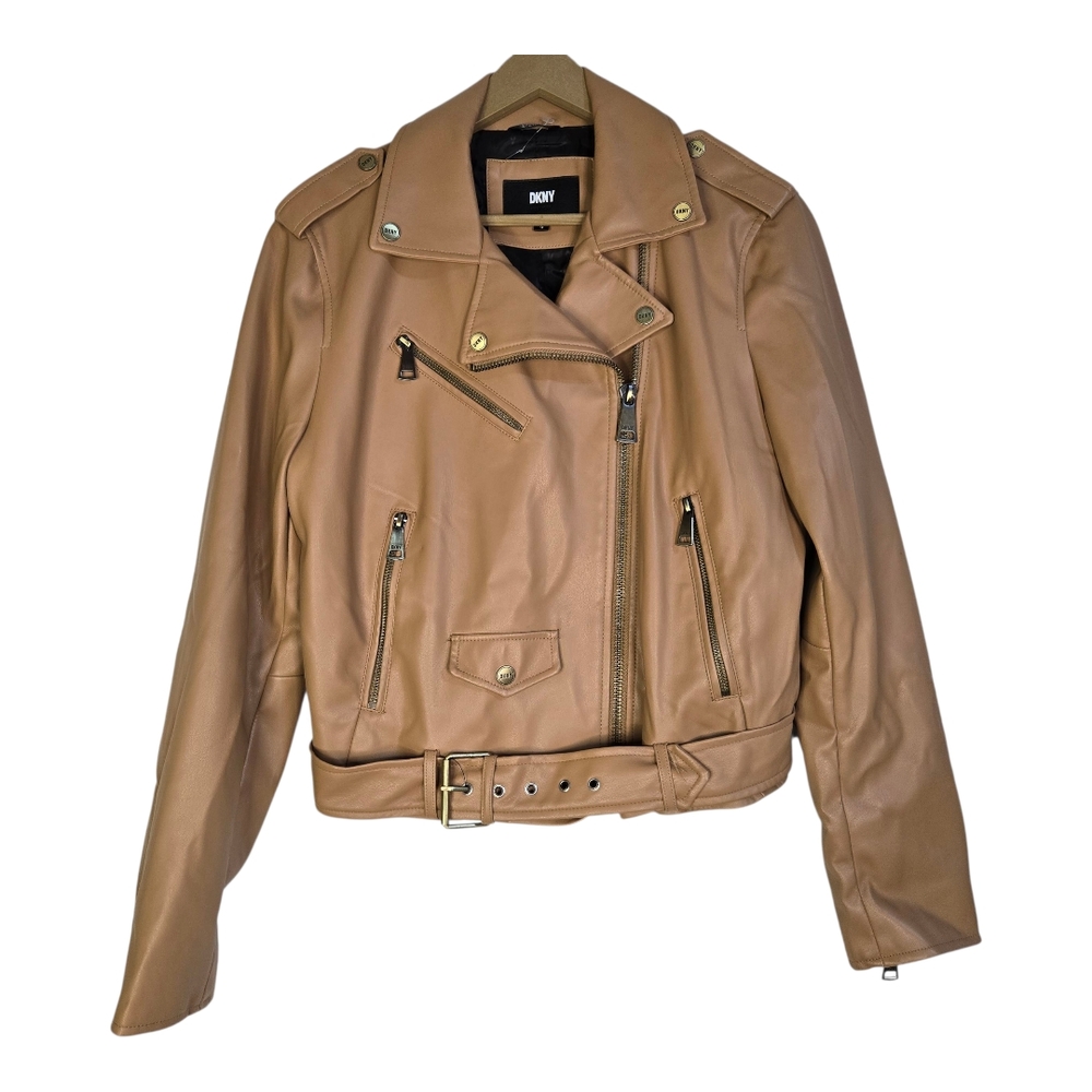 DKNY Women's Size Large Tan Faux Leather Moto Jacket, Belted With Zipper Details